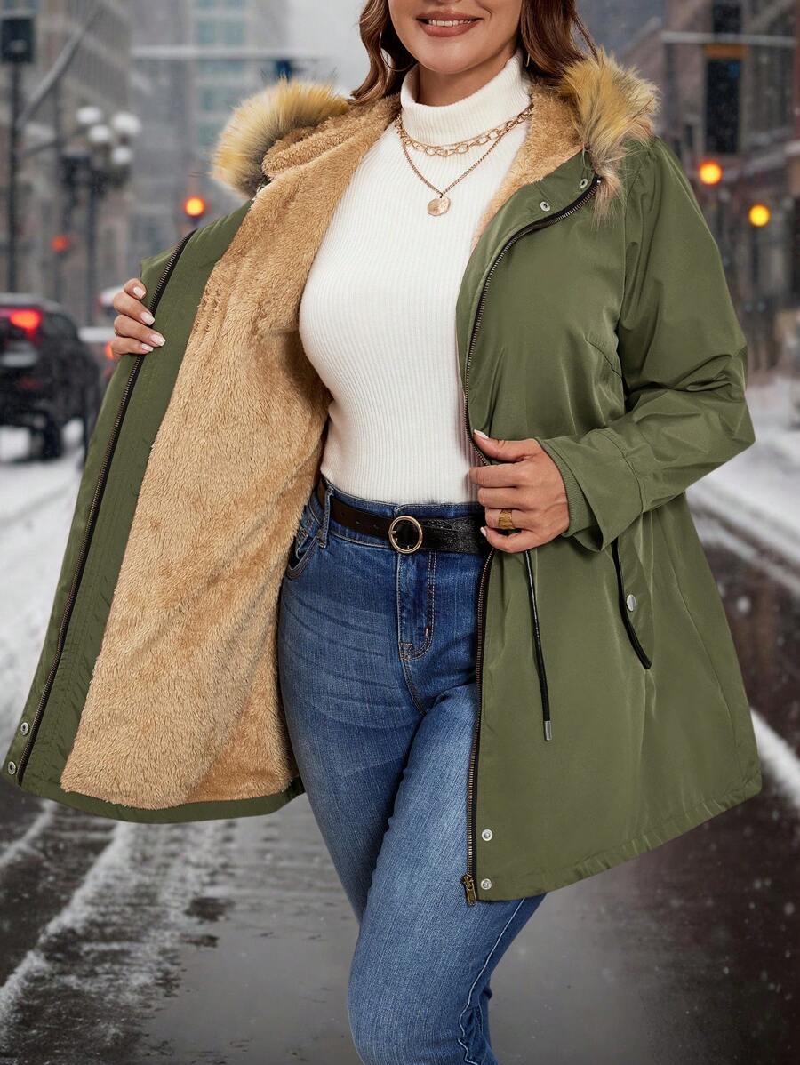 SHEIN Clasi 大码蓬松领连帽加厚棉服 - 軍綠色 - 查看 1