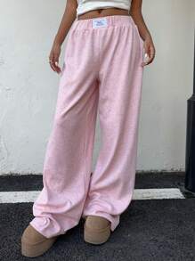 SHEIN EZwear Women Autumn/Winter Home & Leisure V-Waist Loose Ribbed Sweatpants, Pink - Pink - View 1