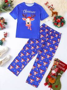 Christmas Deer Print Men Pajama Set - Multicolor - View 1