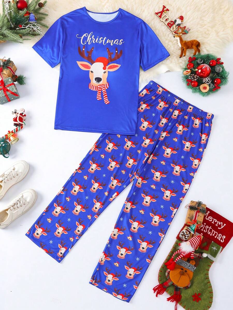 Christmas Deer Print Men Pajama Set - Multicolor - View 1