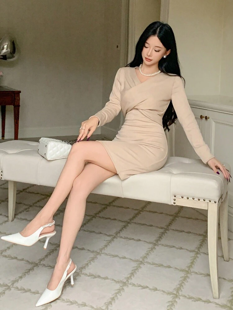 slim fit dress slacks Joelle | Plunge Neck Long Sleeve Satin Mini Dress