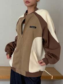 DAZY 女式拼色拉链口袋休闲长袖常规夹克，秋季服装