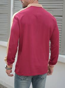 Manfinity Homme Áo thun polo in chữ và cánh phong cách thể thao thường ngày cho nam, đường may bên hông tương phản, dành cho mùa xuân và mùa thu - Đỏ - Xem 2