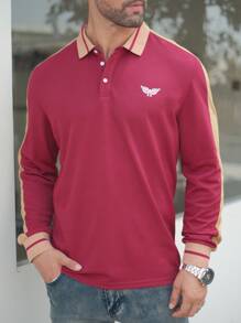 Manfinity Homme Áo thun polo in chữ và cánh phong cách thể thao thường ngày cho nam, đường may bên hông tương phản, dành cho mùa xuân và mùa thu - Đỏ - Xem 5