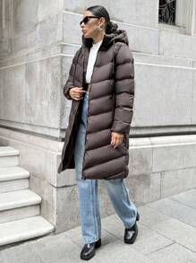 RueChic 冬季休闲纯色抽绳连帽棉服外套