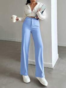 RueChic 100%Cotton HIGH RISE BEIGE WIDE LEG PETITE SIZE JEAN - Light Wash - View 5