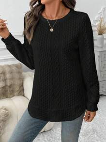 SHEIN LUNE 女士休闲不对称下摆双层纹理运动衫，优雅休闲运动装，秋冬季保暖内衣 - 黑色 - 查看 5