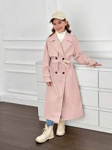 SHEIN Tween Girl 双排扣翻领宽松长款风衣，休闲风格，适合通勤和 - 淺粉色 - 查看 5
