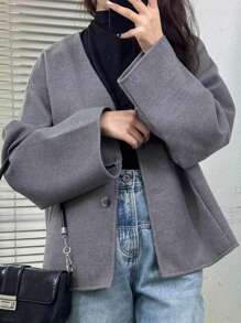 INAWLY 女士纯色正面纽扣长袖简约夹克，适合日常休闲穿着 - 灰色 - 查看 1