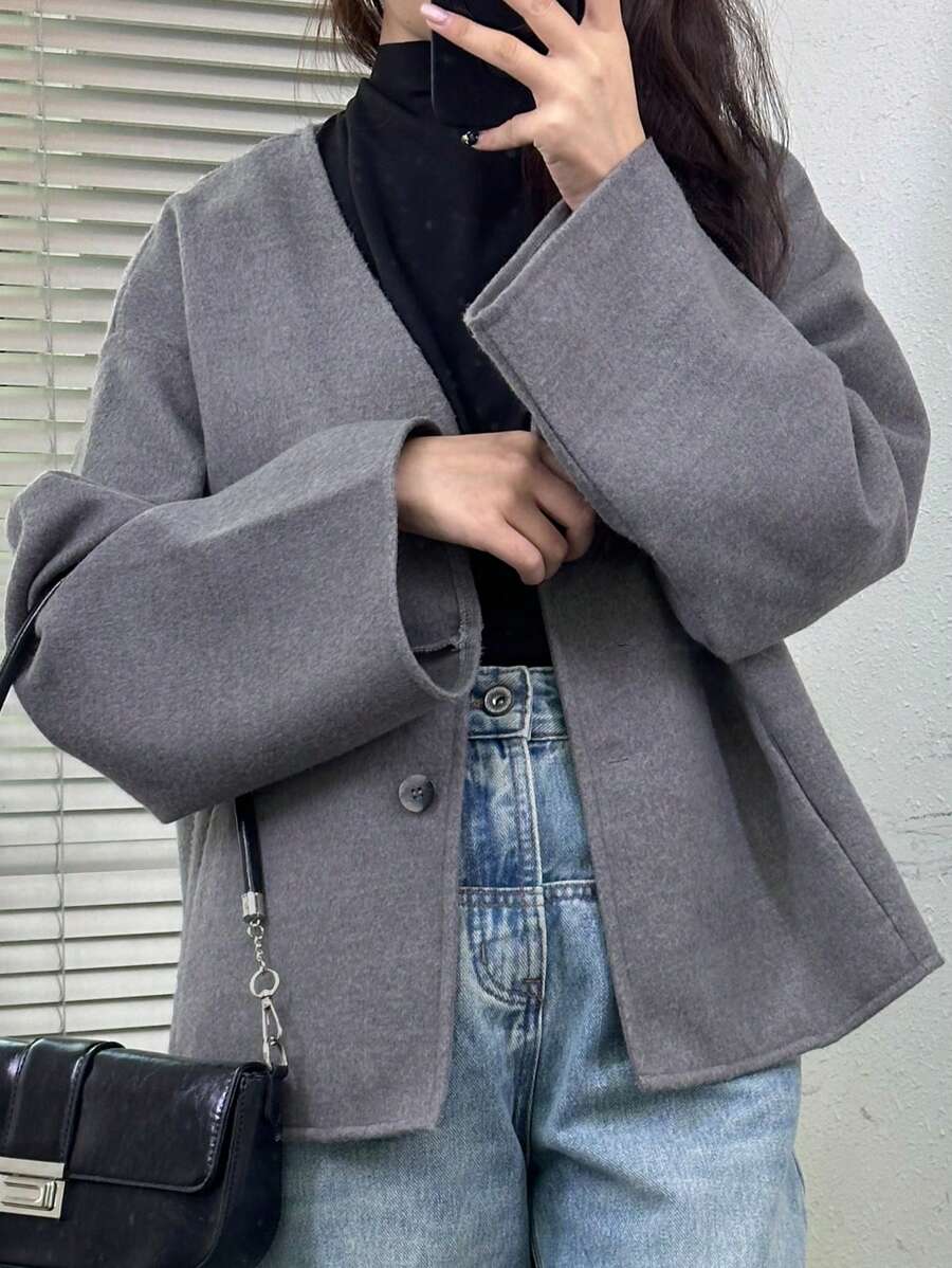 INAWLY 女士纯色正面纽扣长袖简约夹克，适合日常休闲穿着 - 灰色 - 查看 1