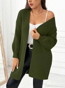 SHEIN LUNE 大码女式纯色灯笼袖休闲开衫，适合冬季 - 橄欖綠 - 查看 7