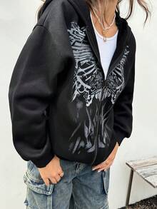 INAWLY 女士秋冬新款宽松休闲复古印花拉链连帽衫运动衫 - 黑色 - 查看 6