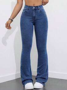 SHEIN ICON Women Front Button Pocket Simple Flare Denim Casual Jeans , Daily Wear Y2k - Dark Wash - View 4