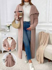SHEIN Unity Áo len cardigan dài tay dệt kim màu trơn cỡ lớn đa năng thường ngày - Màu Khaki - Xem 1