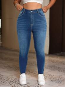 SHEIN ICON Plus Size Front Button Pocket Simple Denim Jeans, Casual Everyday Wear