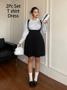 Flirla Plus Size Women 2pcs/Set Striped Patchwork Collar Blouse + Suspender Adjustable Waist Midi Dress, Autumn - Multicolor - View 1