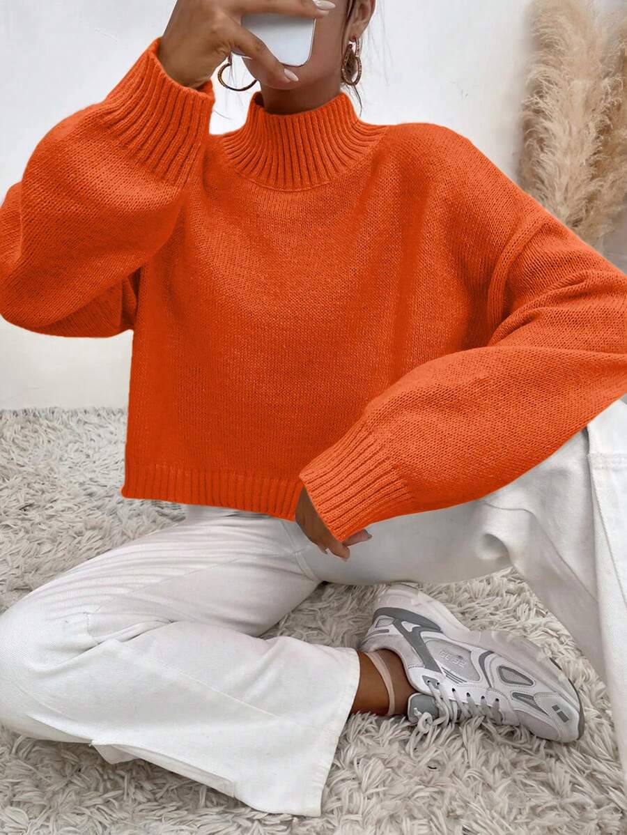 EURMUSE Solid High Neck Sweater - Orange - View 1