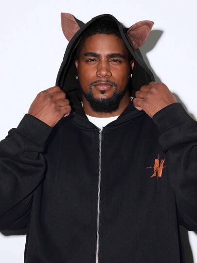 Manfinity VCAY Men's Plus Size Loose Letter & Ear Print Zip-Up Knit Going Out Hooded Street Sweatshirt, Street Wear Zipper Hoodie, For Friends, Husband, Boyfriend Gifts, For Fall Winter