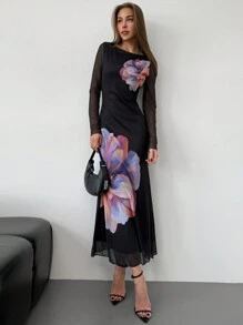 Aloruh 女士长款圆领网眼印花鱼尾修身圣诞节和万圣节派对连衣裙