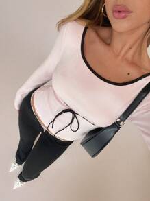 SHEIN SXY 秋冬撞色蕾丝边抽绳领纯色修身长袖 T 恤；粉色上衣；时尚百搭简约 - 珊瑚粉 - 查看 1