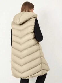 RueChic Plus Zip Up Drawstring Hooded Puffer Vest Coat - Apricot - View 2