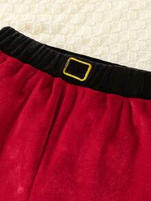 SHEIN Conjunto de pijama navideño para niñas - Camisa de manga corta con estampado de letras navideñas + Pantalones acampanados con volantes a juego y gorro de Papá Noel, apto para fiestas navideñas, otoño/invierno - Rojo y blanco - Ver 3