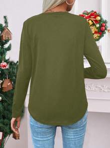 SHEIN LUNE Women V-Neck Long Sleeve Casual Wine Glass Print Top, Minimalist Daily Wear Graphic Tees Women Tops For Spring - Army Green - View 2