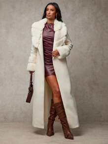 SHEIN BAE Women's Solid Color Fluffy Shawl Collar Long Sleeve Long Elegant Wool Blend Coat, Vintage Coat Winter Fall Women Clothes Halloween Customs Women Concert Outfits Winter Women Clothes Fur Coat Stylish And Warm, Suitable For Parties And Outings  In Fall/Winter