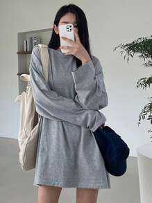 DAZY Áo thun nữ cổ tròn dài xẻ gấu cỡ lớn, quần áo mùa thu dài tay cho nữ - Xám - Xem 4