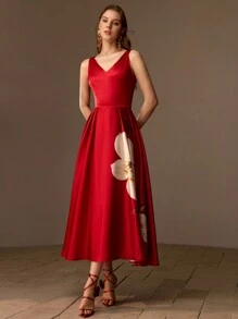 MOTF PREMIUM FLORAL PRINT V-NECK FLARE HEM DRESS WITHOUT BELT - Multicolor - View 6