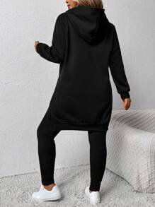 2 pièces/le set Grande taille Tenue décontractée quotidienne avec sweat-shirt à capuche ample et fente devant, et pantalon. Automne - Noir - Voir 2