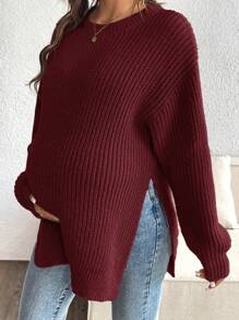 SHEIN Women Solid Color Round Neck Drop Shoulder Split Hem Pullover, Hem Pullover Sweater, For Maternity, For Winter - Burgundy - View 5
