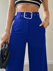 EURMUSE 女式纯色西装裤，带腰带和口袋，休闲日常穿着 - 寶藍色 - 查看 4