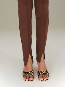 SHEIN Unity Solid Colour Pintuck Front Trousers With Split Hem New Year Fall Cloth For Women - Coffee Brown - View 6