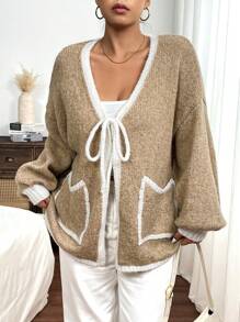 SHEIN Frenchy Áo len cardigan viền tương phản cỡ lớn thường ngày, cho mùa đông - Màu Khaki - Xem 4