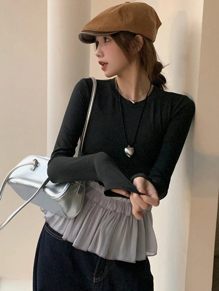 Women Crew Neck Contrast Ruffle Hem Long Sleeve T-Shirt, Spring And Autumn