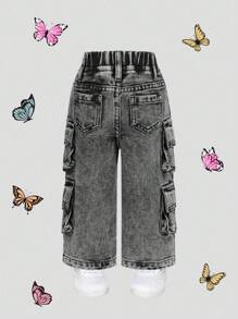 SHEIN Explorewe Baby Girl Unisex Streetwear Distressed Washed Multi Pocket Elastic Waist Wide Leg Jeans, Versatile Fashion Item Suitable For All Seasons - Light Grey - View 2