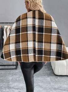 SHEIN Clasi 女式复古休闲优雅格子羊毛斗篷斗篷外套，秋冬 - 卡其色 - 查看 2