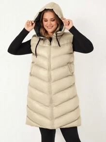 RueChic Plus Zip Up Drawstring Hooded Puffer Vest Coat - Apricot - View 4
