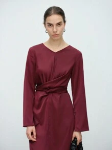 Aalyst Women's V-Neck Satin Crossover Waist Tie Dress, Elegant High-End French Style For Party And Work, Spring/Autumn/Winter For Holiday Party Clothes Maxi Women Outfit