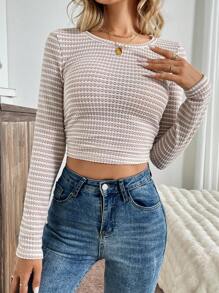 SHEIN LUNE Crew Neck Two-Tone Plaid Fitted Base Layer Top, Spring/Autumn Ruffle Long Sleeve Slim T-Shirt - Apricot - View 3