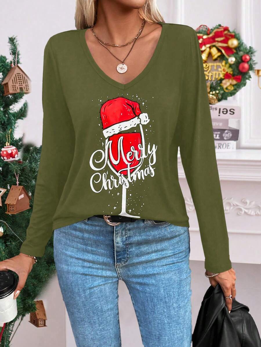 SHEIN LUNE Women V-Neck Long Sleeve Casual Wine Glass Print Top, Minimalist Daily Wear Graphic Tees Women Tops For Spring - Army Green - View 1