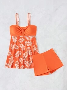 Swim Lushoire Summer Beach Floral Print Ruffle Spaghetti Strap Dress And Solid Color Boxer Shorts Set - Coffee Brown - View 4