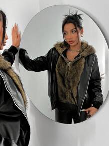 SHEIN SXY Veste à capuche en PU noir avec empiècement, col marron épais et moelleux, pour l'automne/hiver - Noir - Voir 5