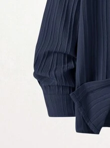 Tween Boy Textured Ribbed Collar Flap Pocket Long Sleeve Shirt, Autumn - Navy Blue - View 3