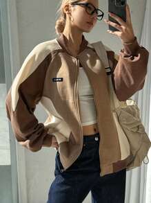 DAZY 女式拼色拉链口袋休闲长袖常规夹克，秋季服装