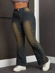 SHEIN SXY Plus Size Casual Washed Vintage Cross-Tied Fitted Flare Jeans - Black - View 5