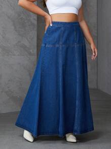 SHEIN Essnce Plus Size Solid Color Back Zipper Casual Versatile Denim Skirt - Blue - View 3