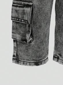 SHEIN Explorewe Baby Girl Unisex Streetwear Distressed Washed Multi Pocket Elastic Waist Wide Leg Jeans, Versatile Fashion Item Suitable For All Seasons - Light Grey - View 5