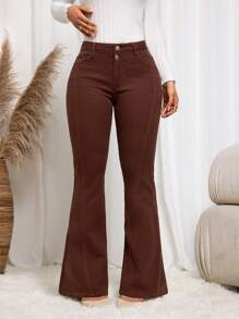 SHEIN Essnce 女士休闲喇叭牛仔裤，带口袋，适合日常穿着 - 咖啡棕 - 查看 5